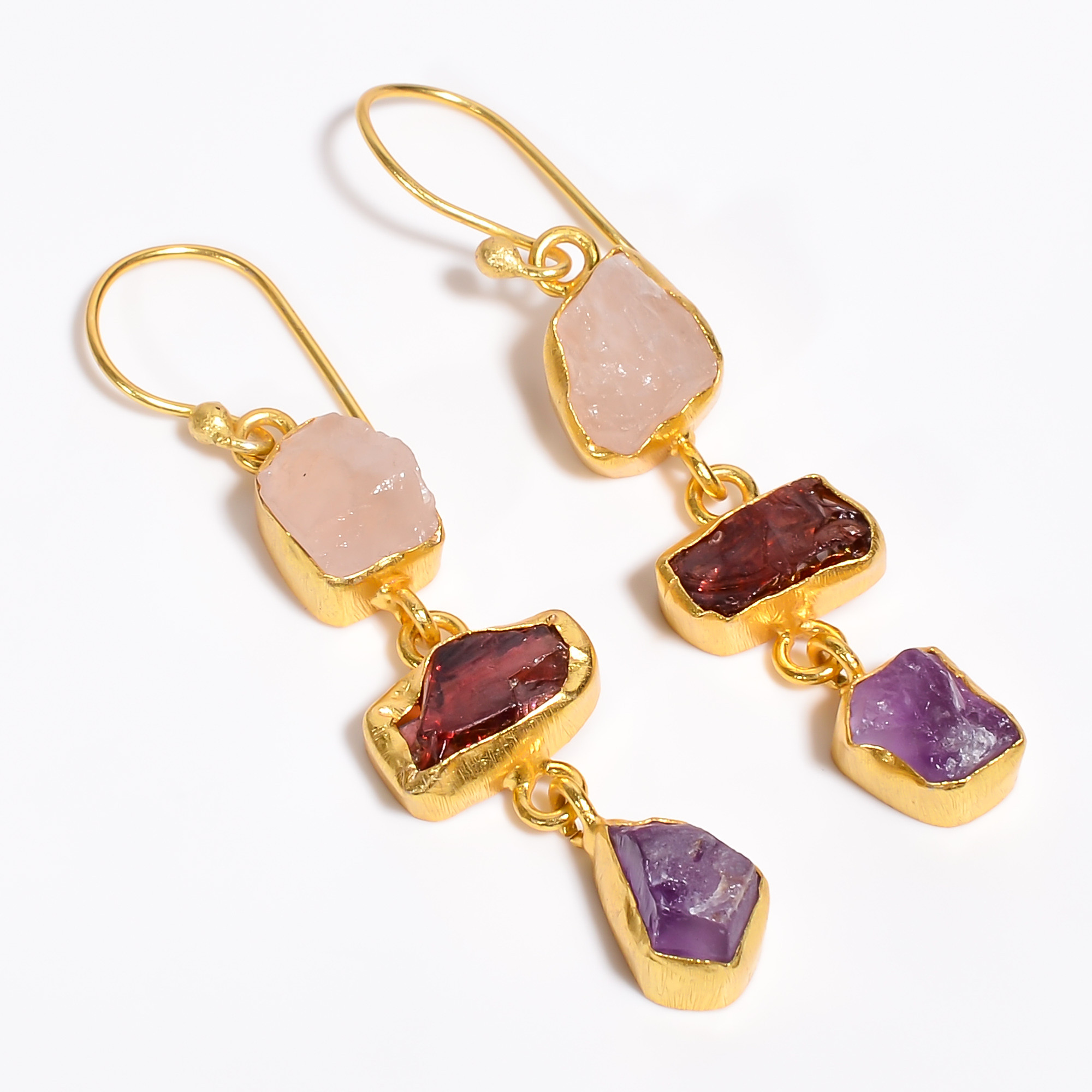 18K Gold Plated Earrings Natural Rough Rose Quartz Garnet Gemstone Earrings