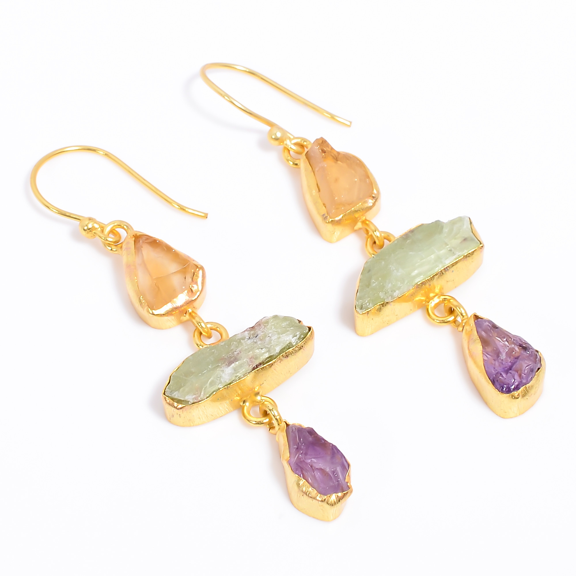 18K Gold Plated Earrings Natural Rough Citrine Green Kyanite Gemstone Earrings