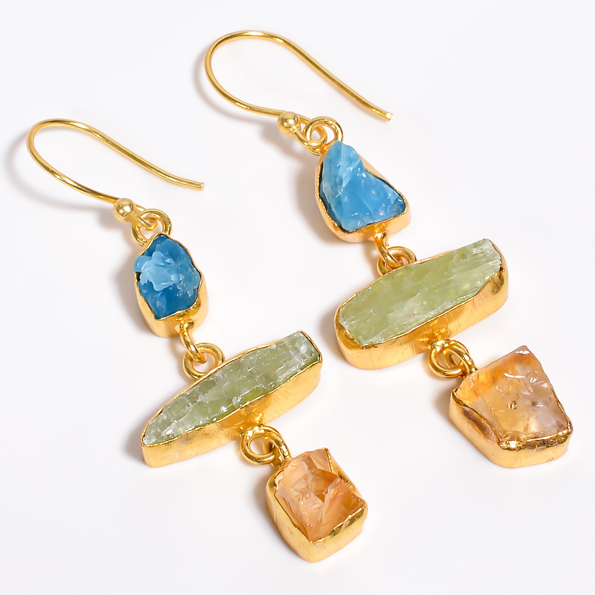 18K Gold Plated Brass Earrings Natural Rough Green Kyanite Citrine Gemstone Earrings