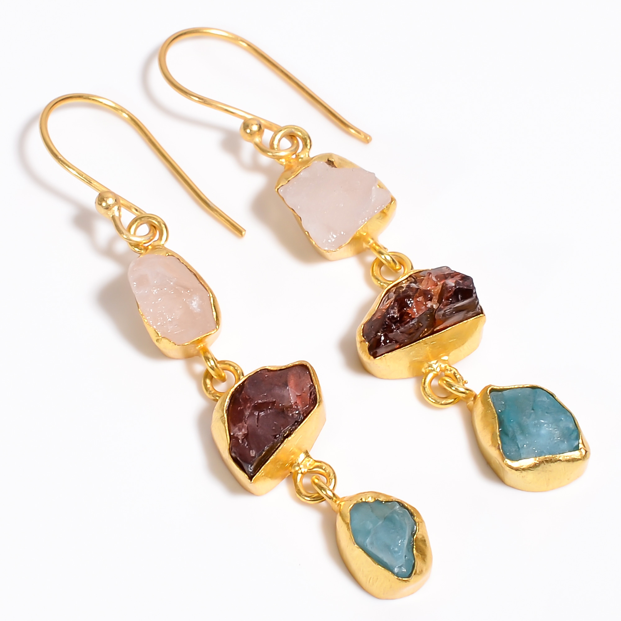 18K Gold Plated Earrings Natural Rough Rose Quartz Garnet Gemstone Earrings