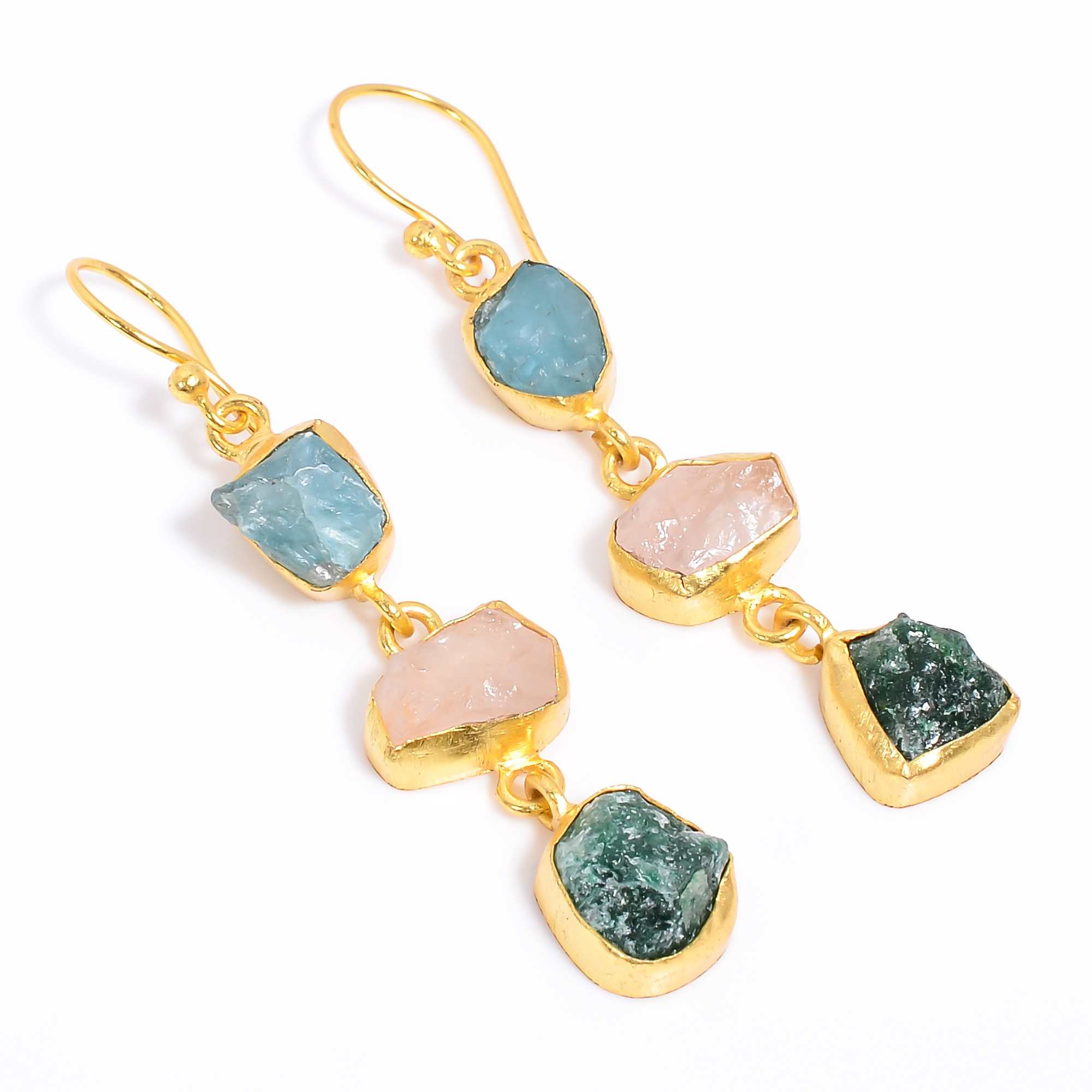18K Gold Plated Brass Earrings Natural Rough Rose Quartz Green Aventurine Gemstone Earrings