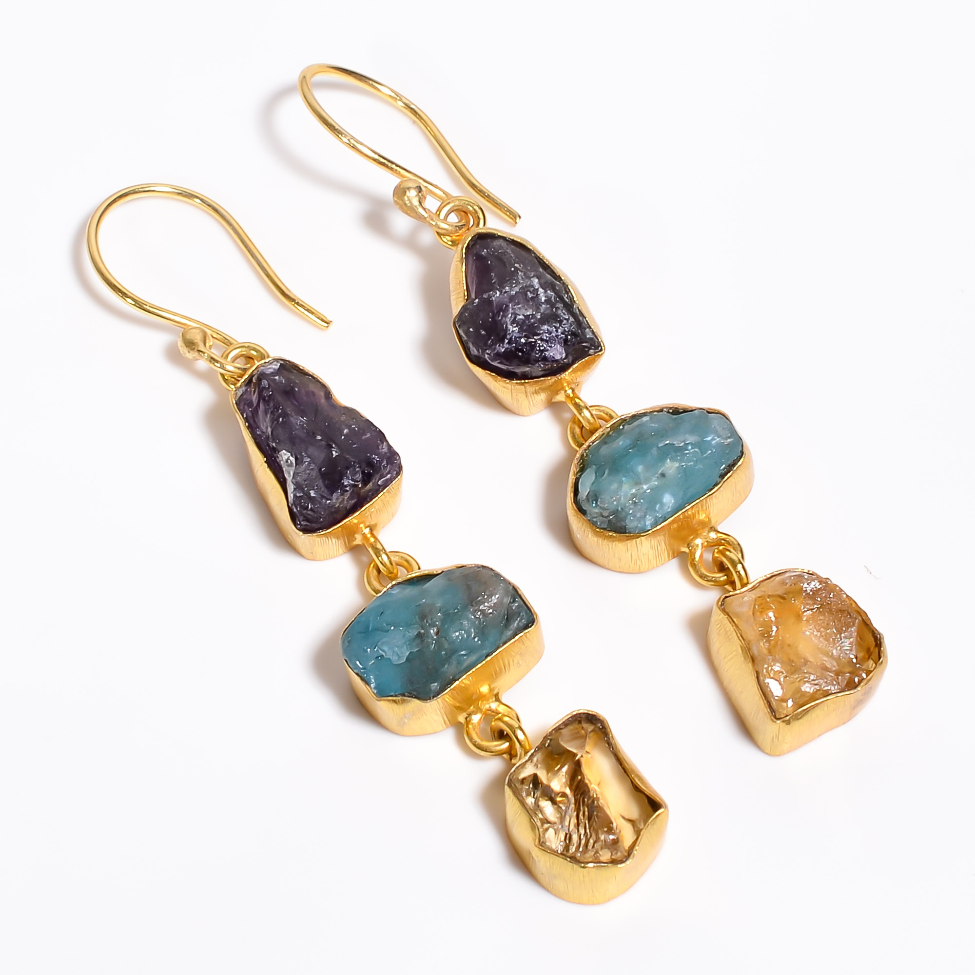 18K Gold Plated Brass Earrings Natural Rough Amethyst Citrine Gemstone Earrings