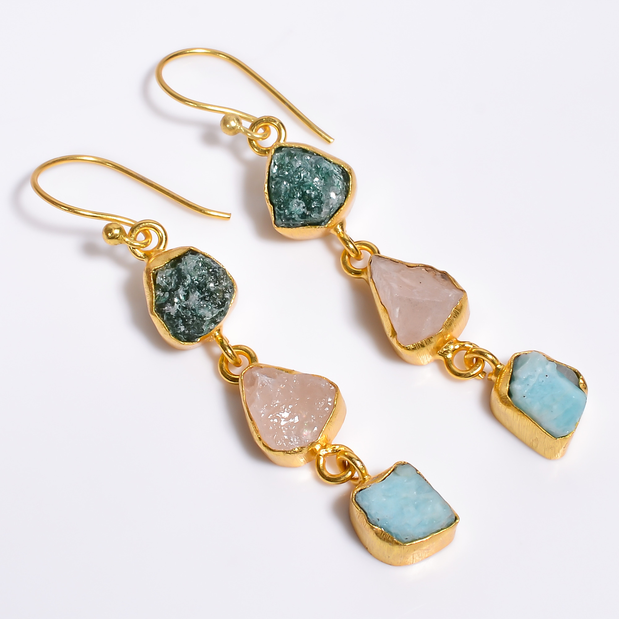 18K Gold Plated Earrings Natural Rough Rose Quartz Amazonite Gemstone Earrings