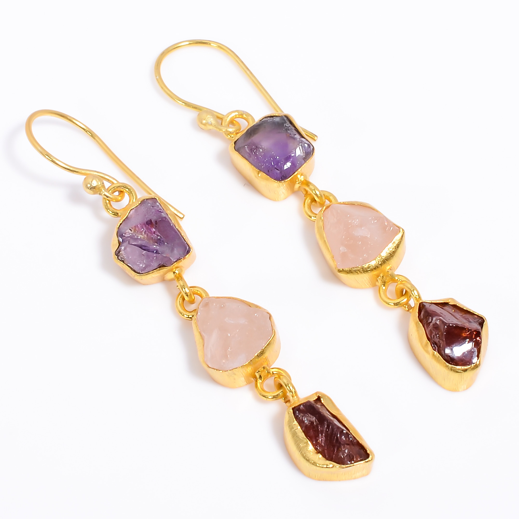 18K Gold Plated Earrings Natural Rough Rose Quartz Garnet Gemstone Earrings
