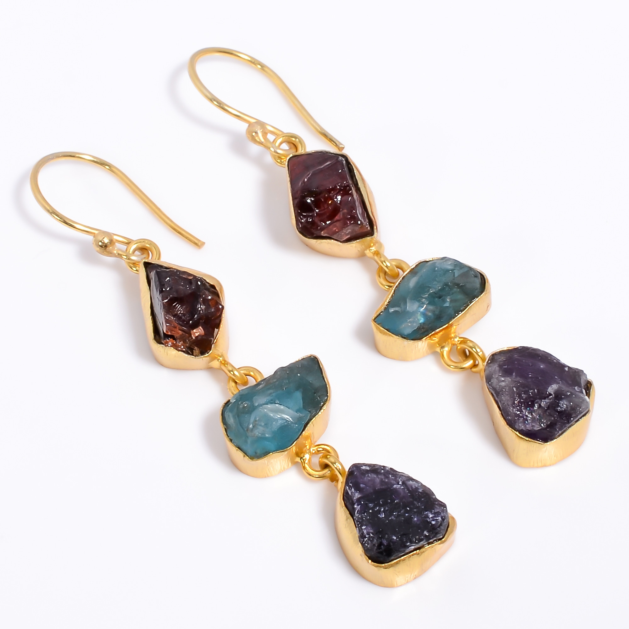18K Gold Plated Earrings Natural Rough Sky Apatite Amethyst Gemstone Earrings