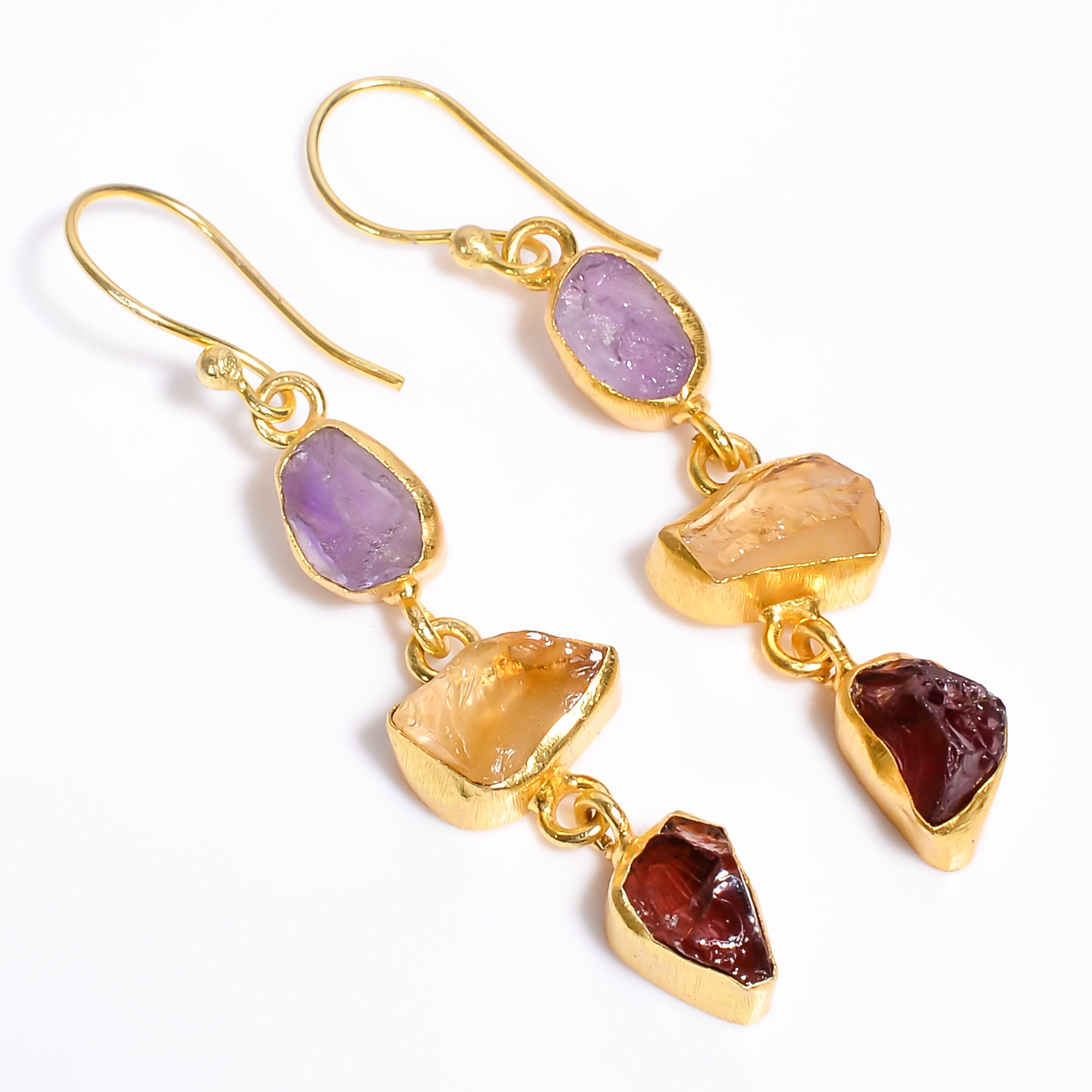 18K Gold Plated Earrings Natural Rough Amethyst Citrine Gemstone Earrings