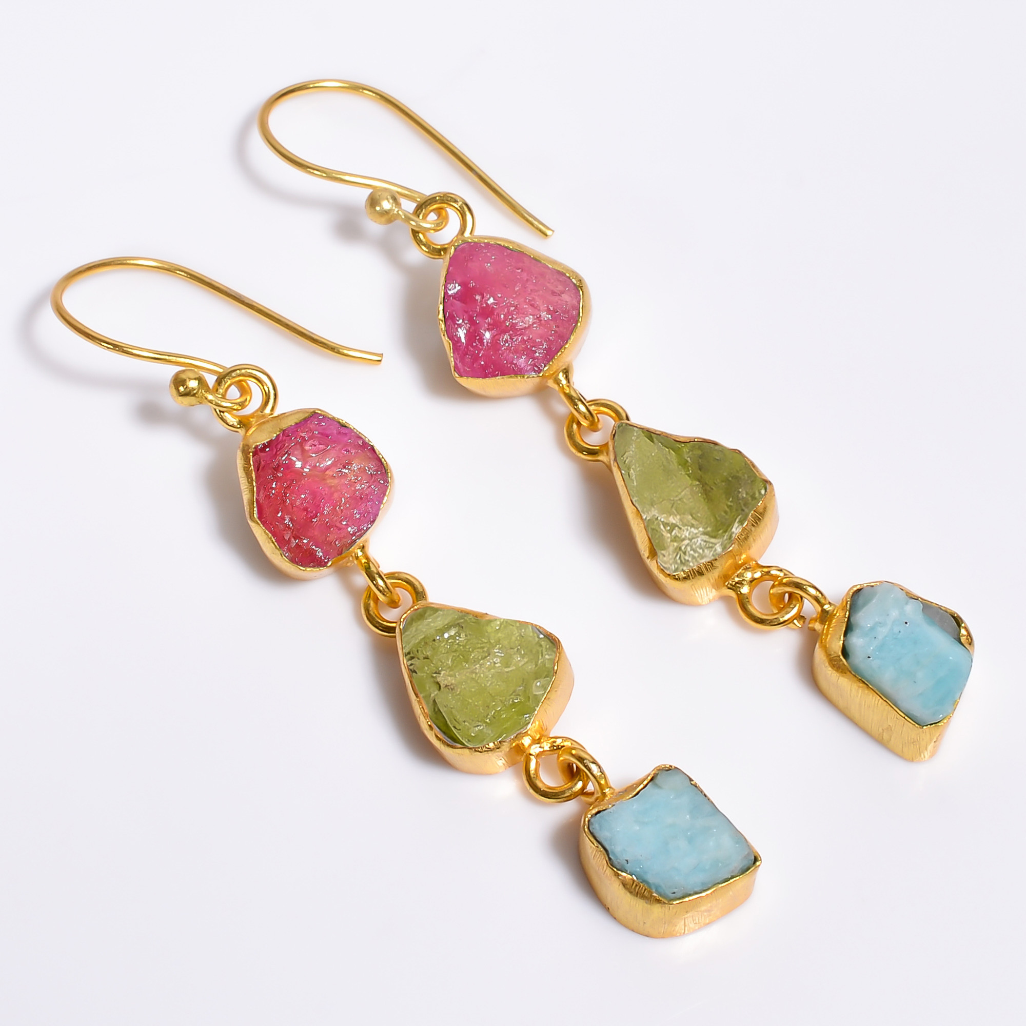 18K Gold Plated Earrings Natural Rough Ruby Peridot Gemstone Earrings