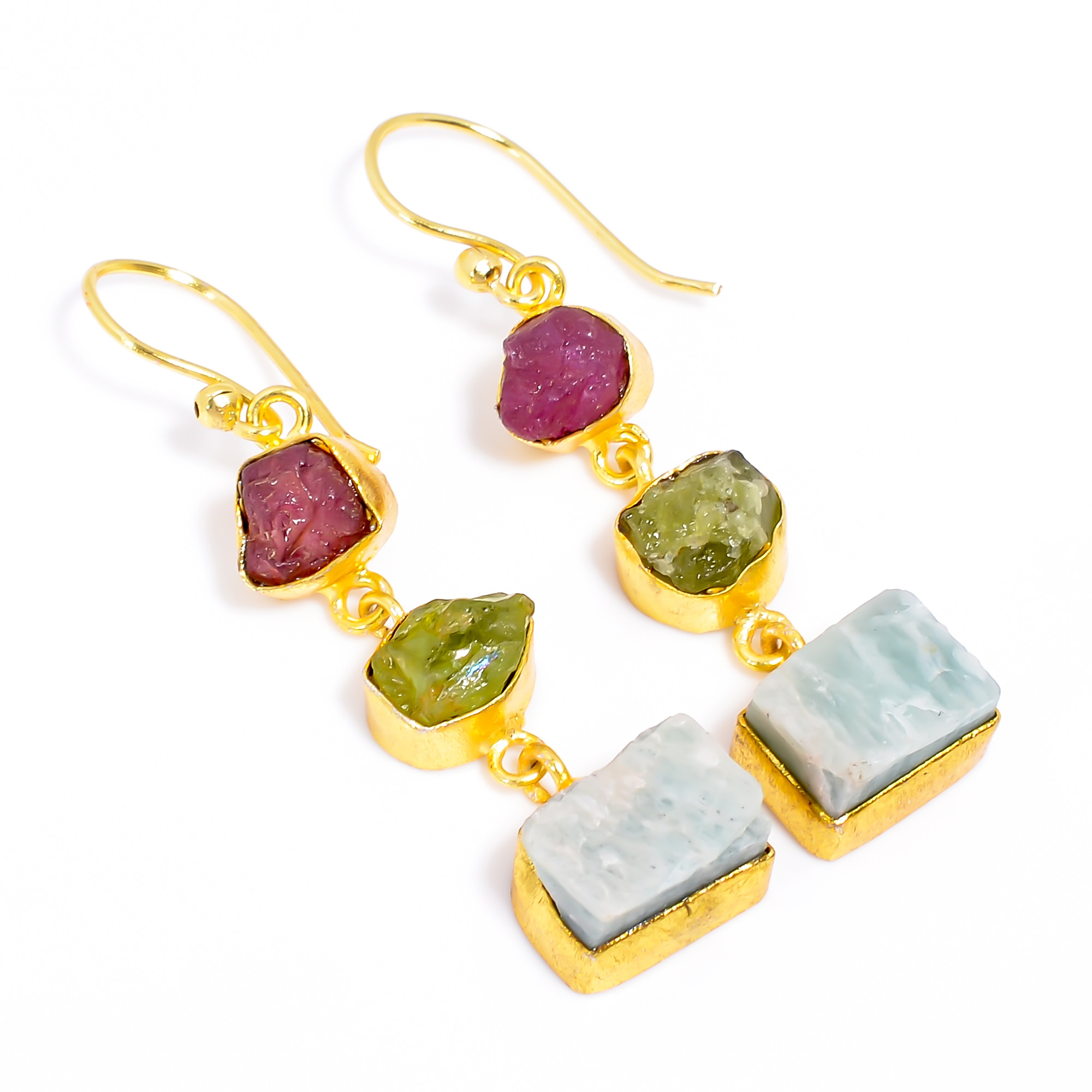 18K Gold Plated Earrings Ruby Peridot Raw Gemstone Earrings
