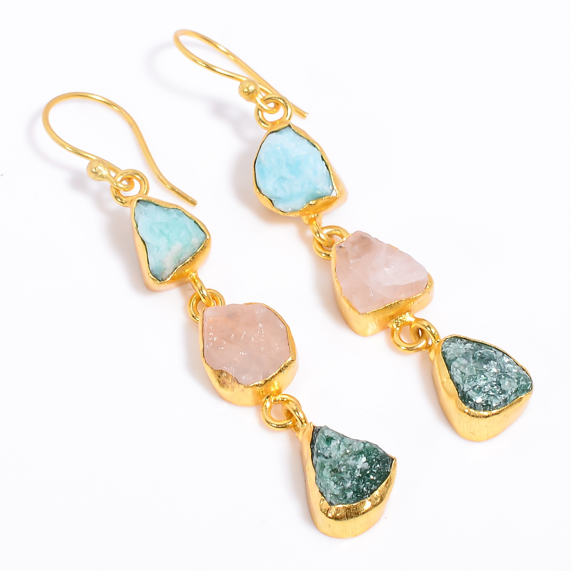 18K Gold Plated Earrings Natural Rough Amazonite Rose Quartz Gemstone Earrings