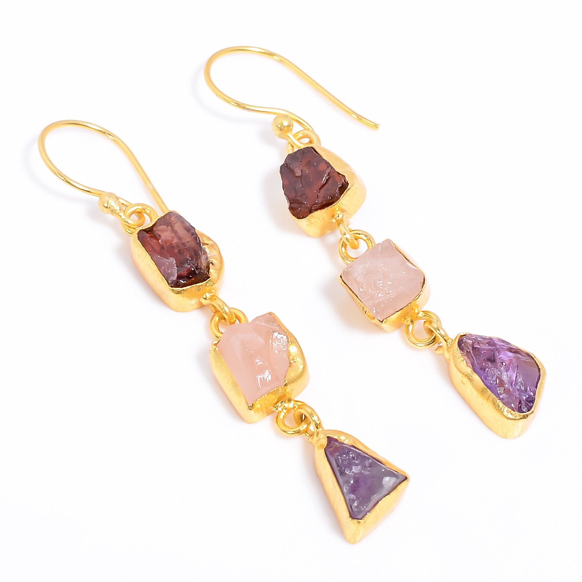 18K Gold Plated Earrings Natural Rough Garnet Rose Quartz Gemstone Earrings