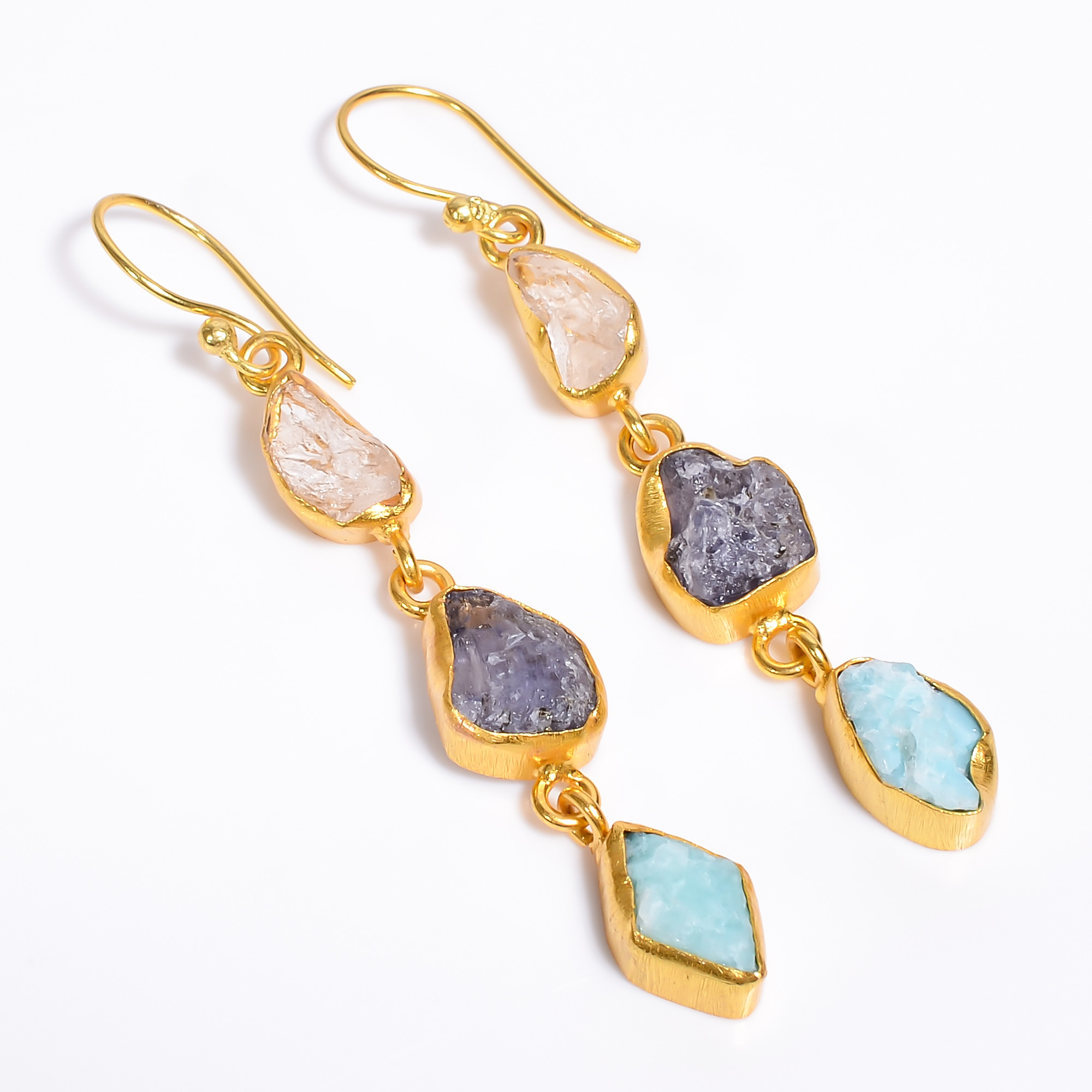 18K Gold Plated Earrings Natural Rough Tanzanite Amazonite Gemstone Earrings