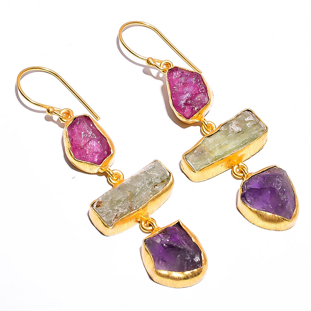 18K Gold Plated Earrings Raw Ruby Green Kyanite Gemstone Earrings