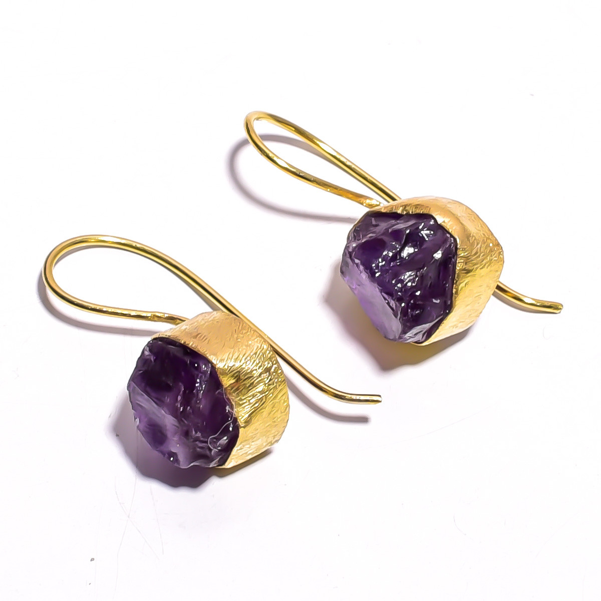 18K Gold Plated Brass Earrings Natural Rough Amethyst Gemstone Earrings