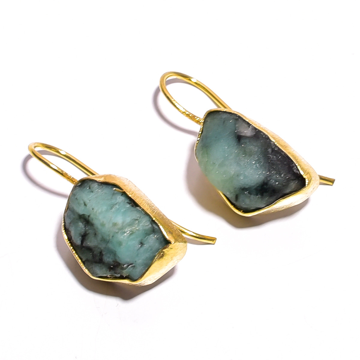 18K Gold Plated Earrings Natural Rough Emerald Gemstone Earrings