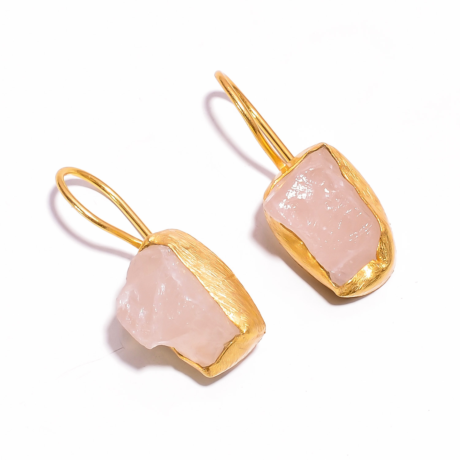 18K Gold Plated Earrings Natural Rough Rose Quartz Gemstone Earrings