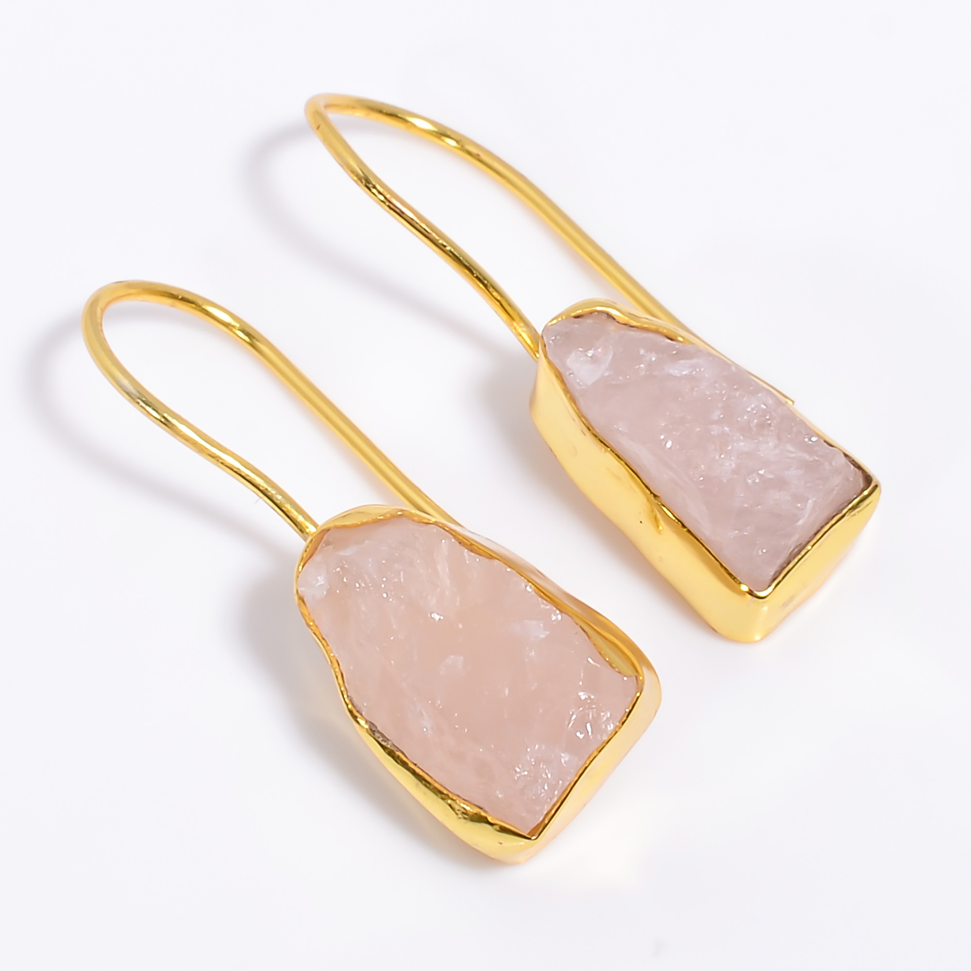 18K Gold Plated Earrings Natural Rough Rose Quartz Gemstone Earrings