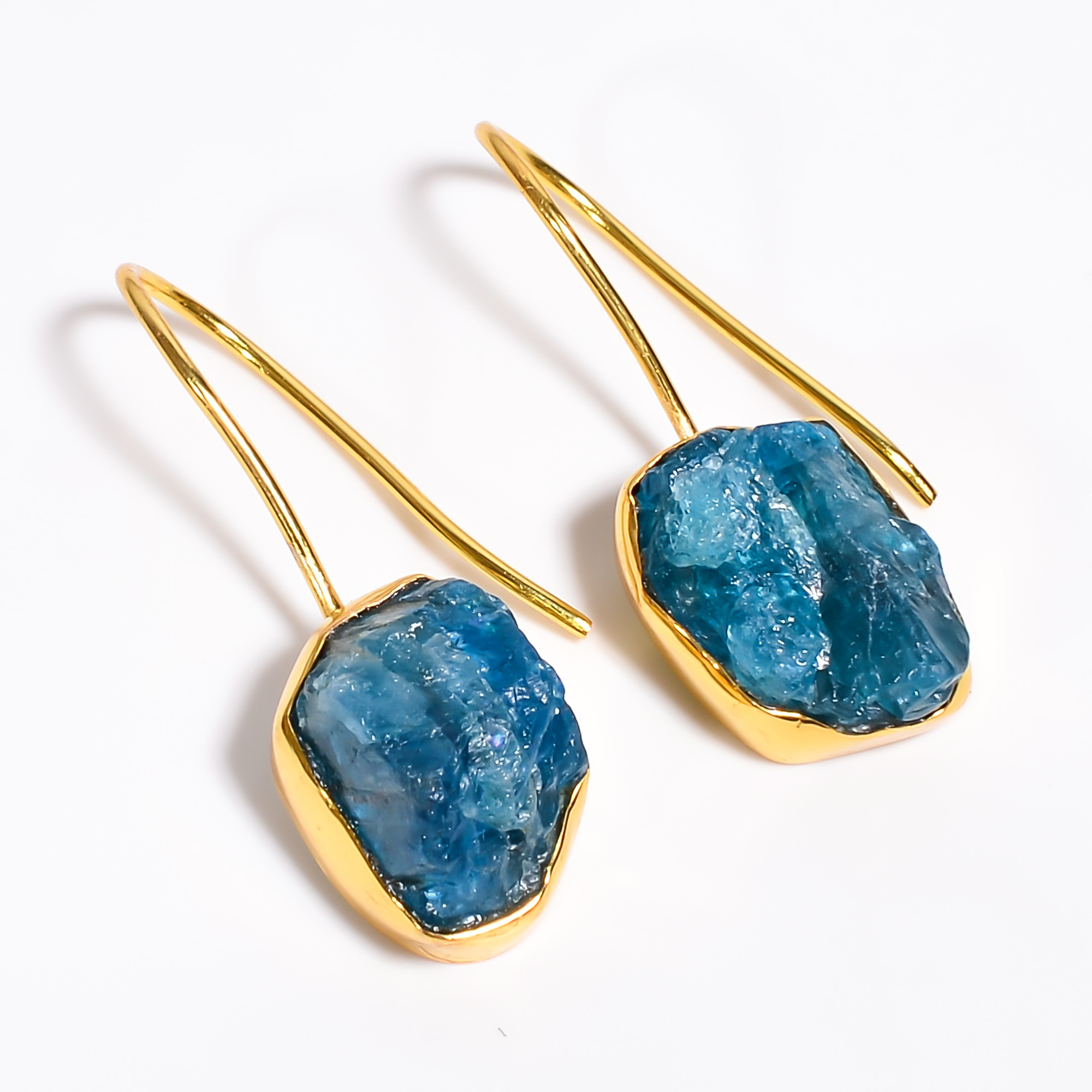 18K Gold Plated Earrings Natural Rough Neon Apatite Gemstone Earrings