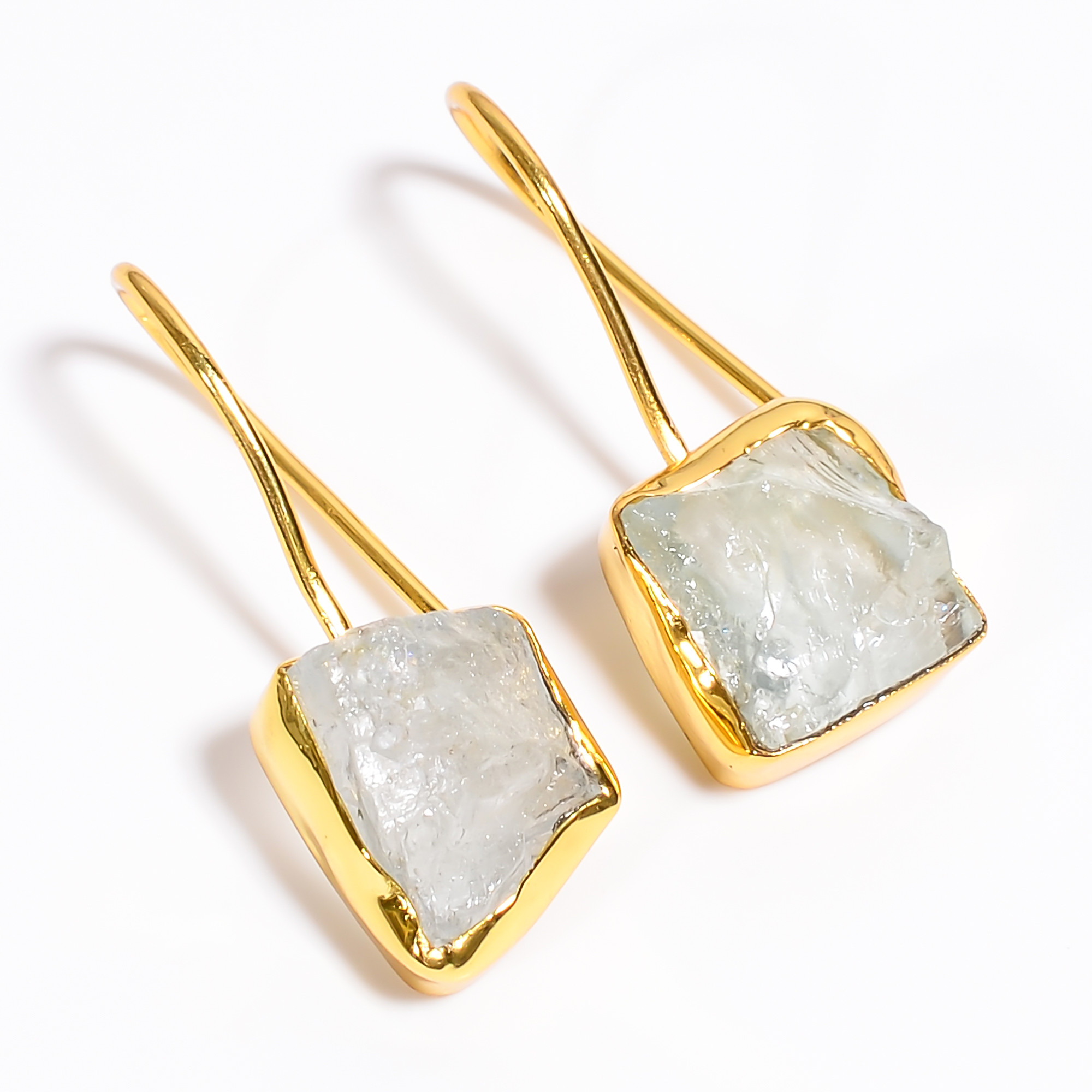 18K Gold Plated Earrings Natural Rough Aquamarine Gemstone Earrings