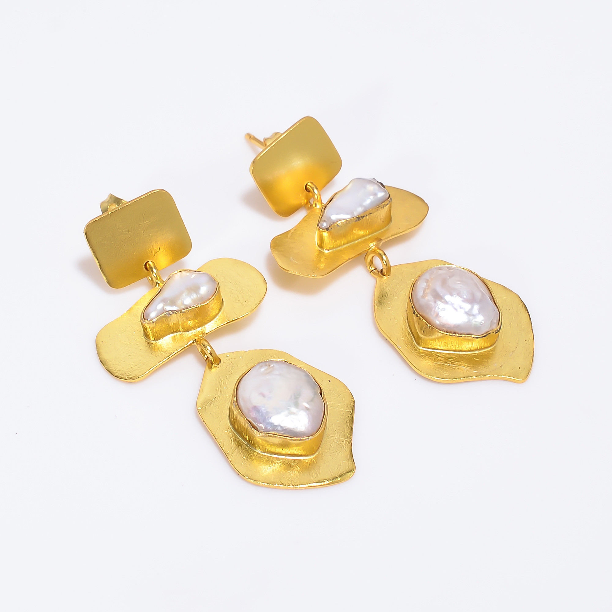 18K Gold Plated Brass Earrings Natural Rough Pearl Gemstone Earrings