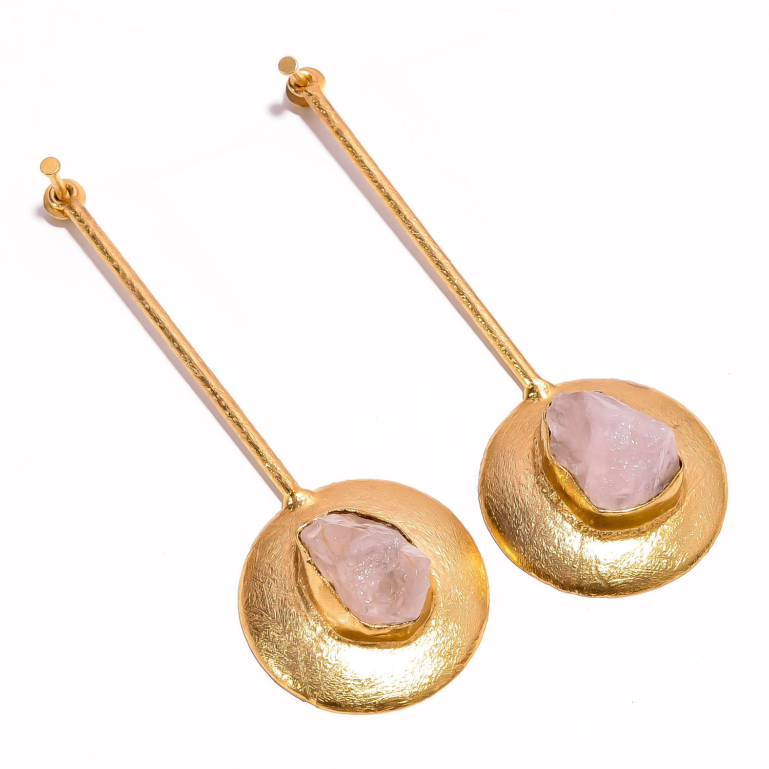 18K Gold Plated Earrings Natural Rough Rose Quartz Gemstone Earrings