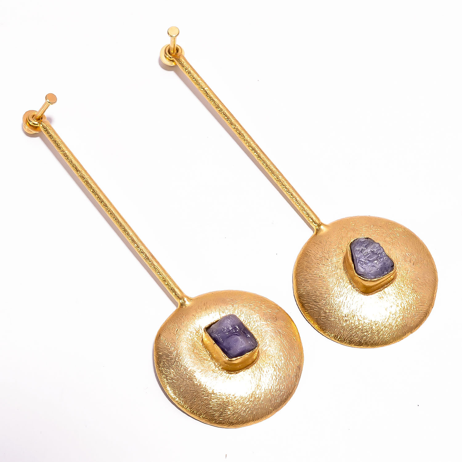 18K Gold Plated Brass Earrings Natural Rough Tanzanite Gemstone Earrings