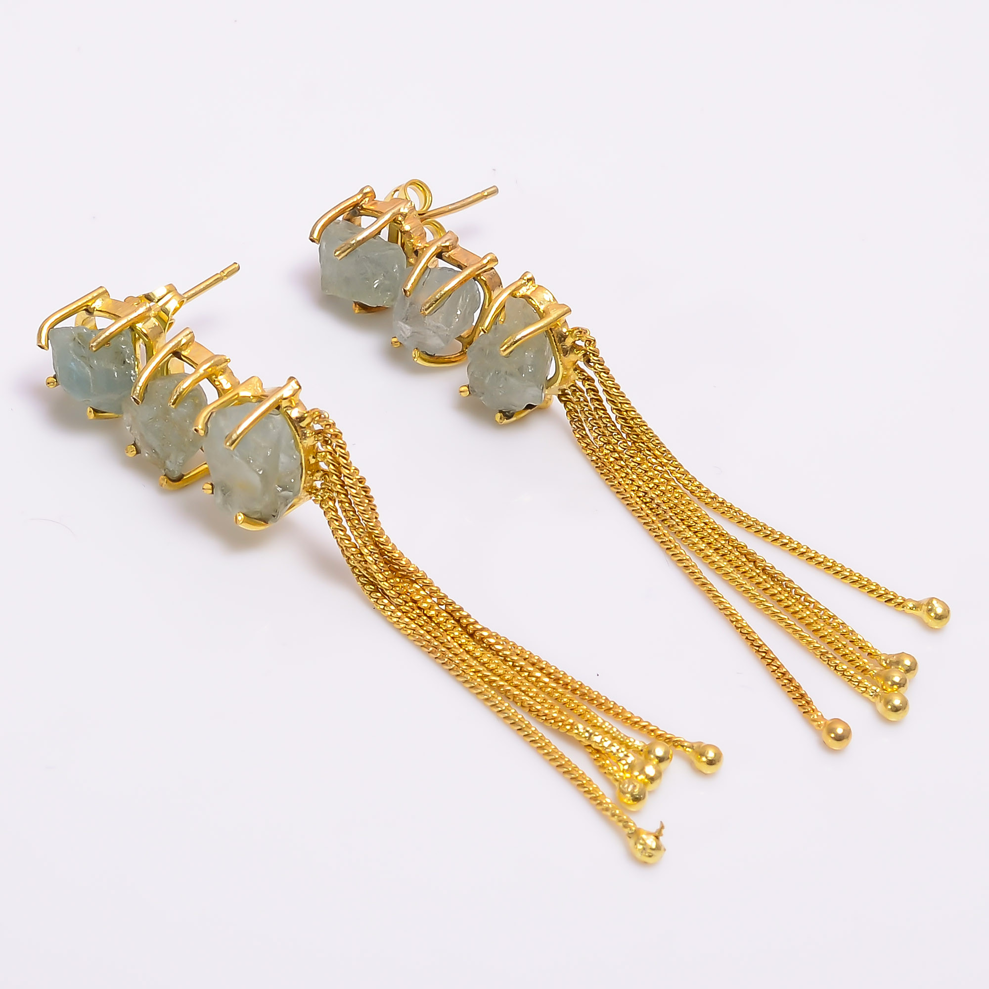18K Gold Plated Earrings Natural Rough Aquamarine Gemstone Earrings
