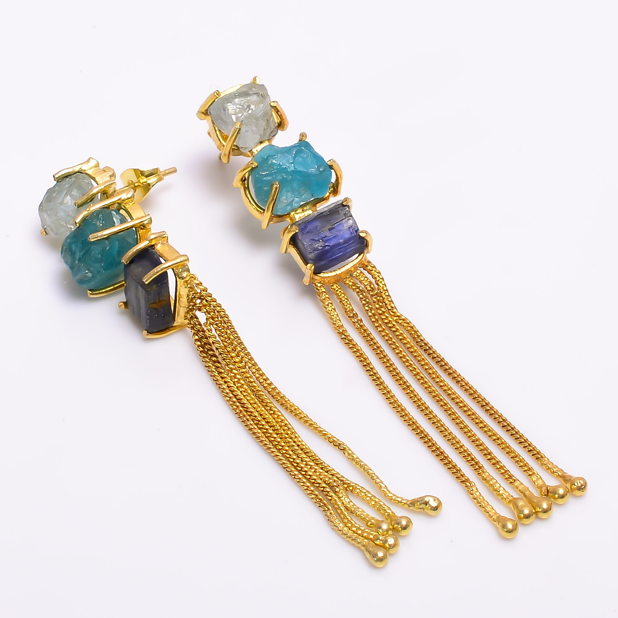 18K Gold Plated Brass Earrings Natural Rough Aquamarine Sky Apatite Gemstone Earrings