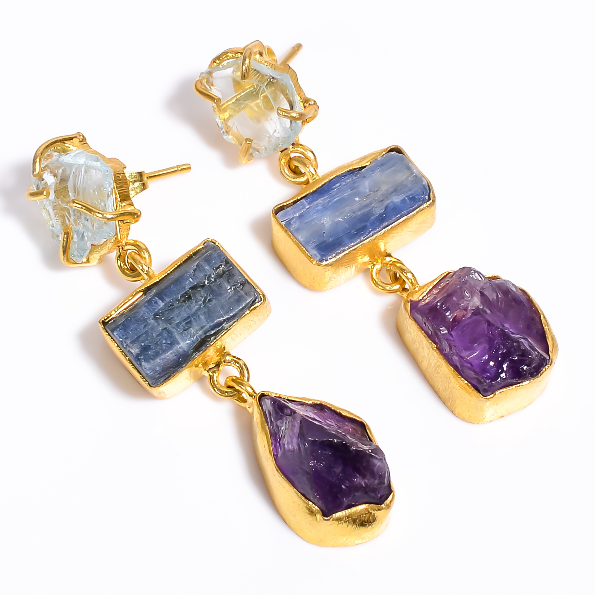 18K Gold Plated Earrings Natural Rough Aquamarine Blue Kyanite Gemstone Earrings