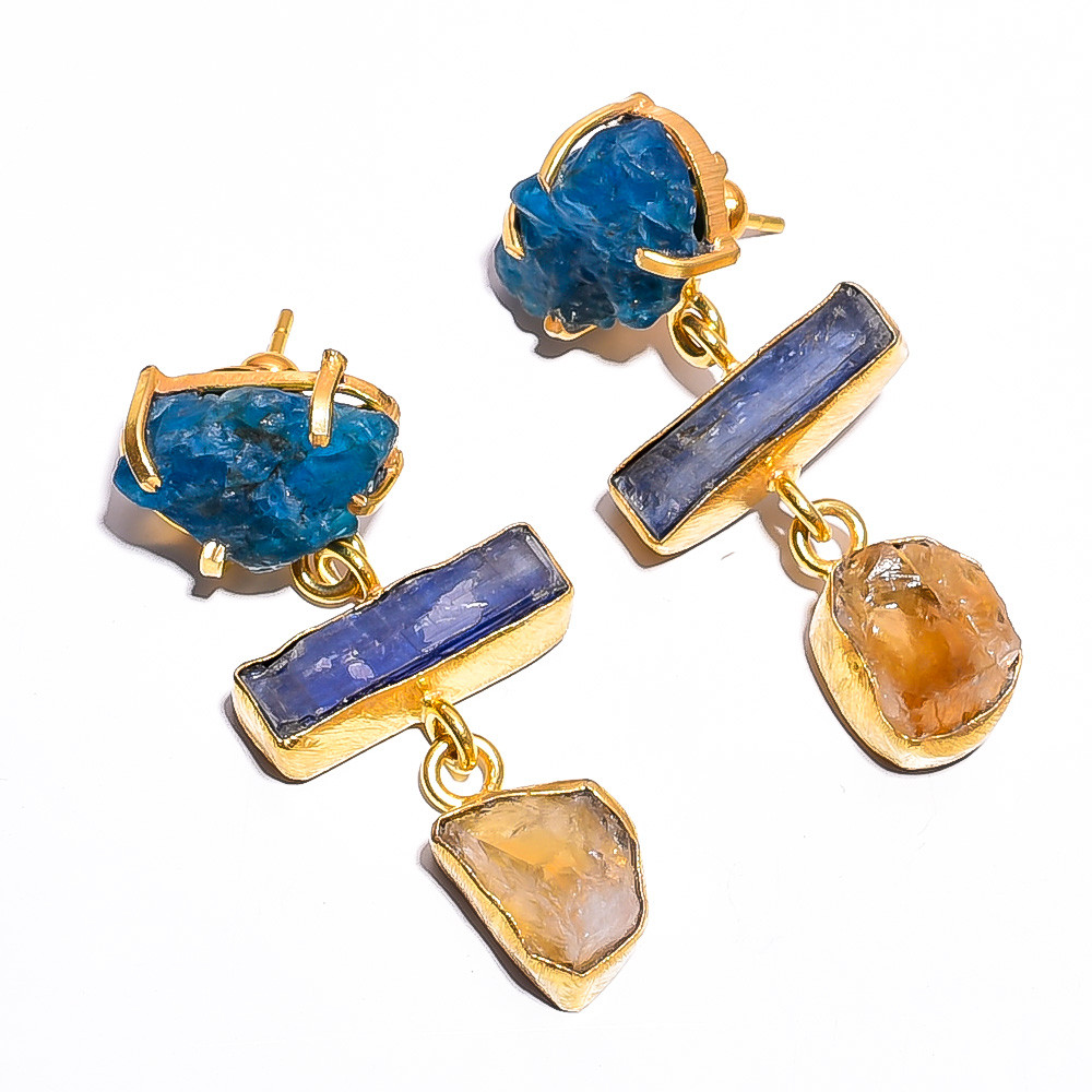 18K Gold Plated Earrings Natural Rough Neon Apatite Gemstone Earrings