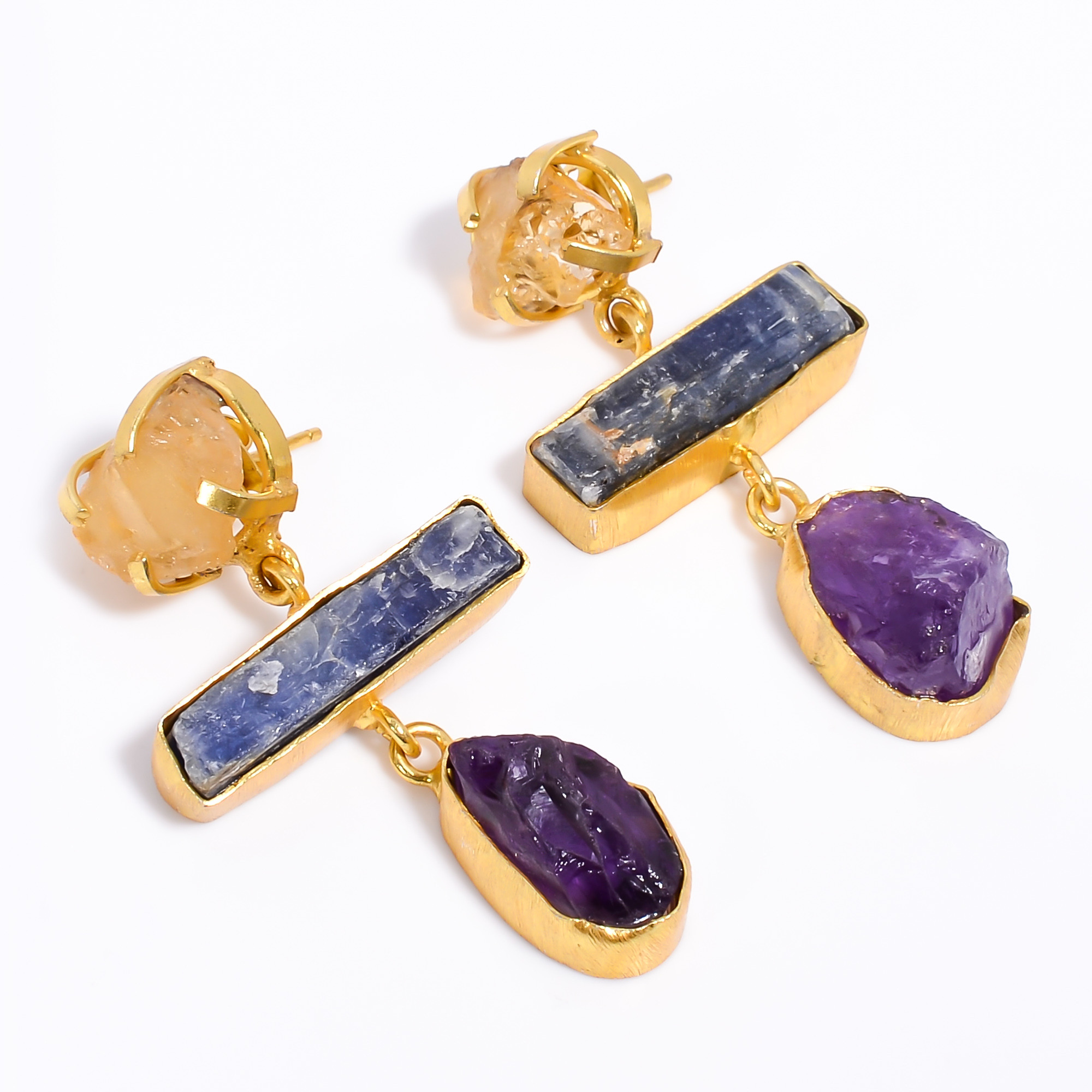 18K Gold Plated Earrings Natural Rough Citrine Amethyst Gemstone Earrings