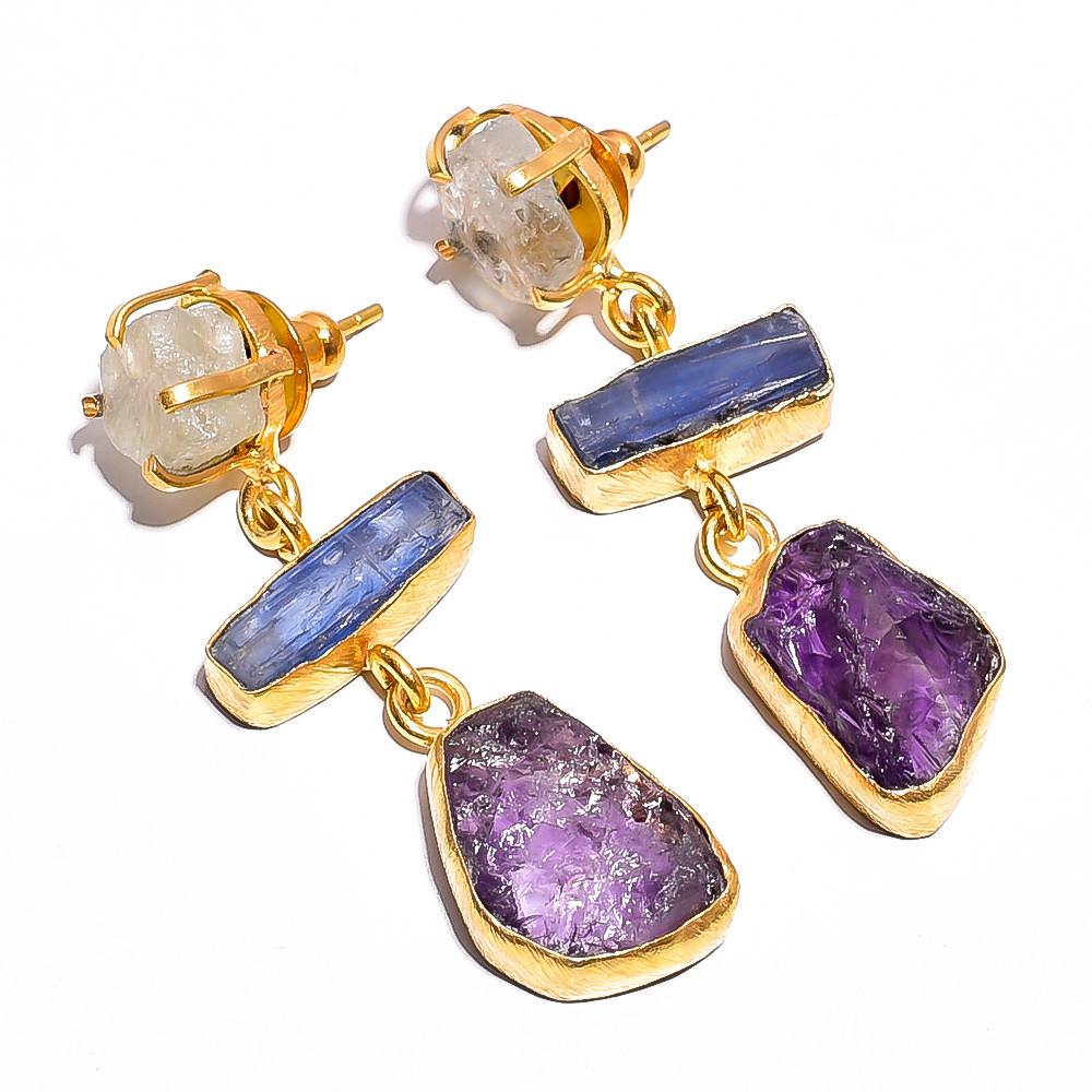 18K Gold Plated Earrings Natural Rough Crystal Blue Kyanite Gemstone Earrings