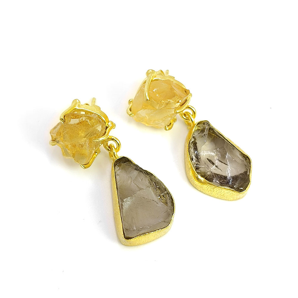 Natural Raw Citrine Smoky Gemstone 18K Gold Plated Earrings