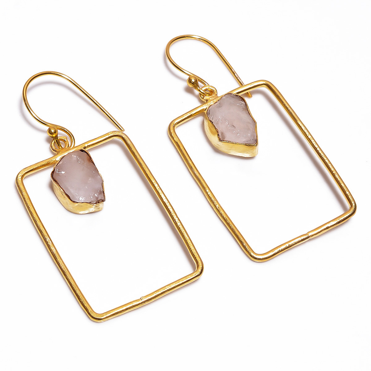 18K Gold Plated Earrings Natural Rough Rose Quartz Gemstone Earrings