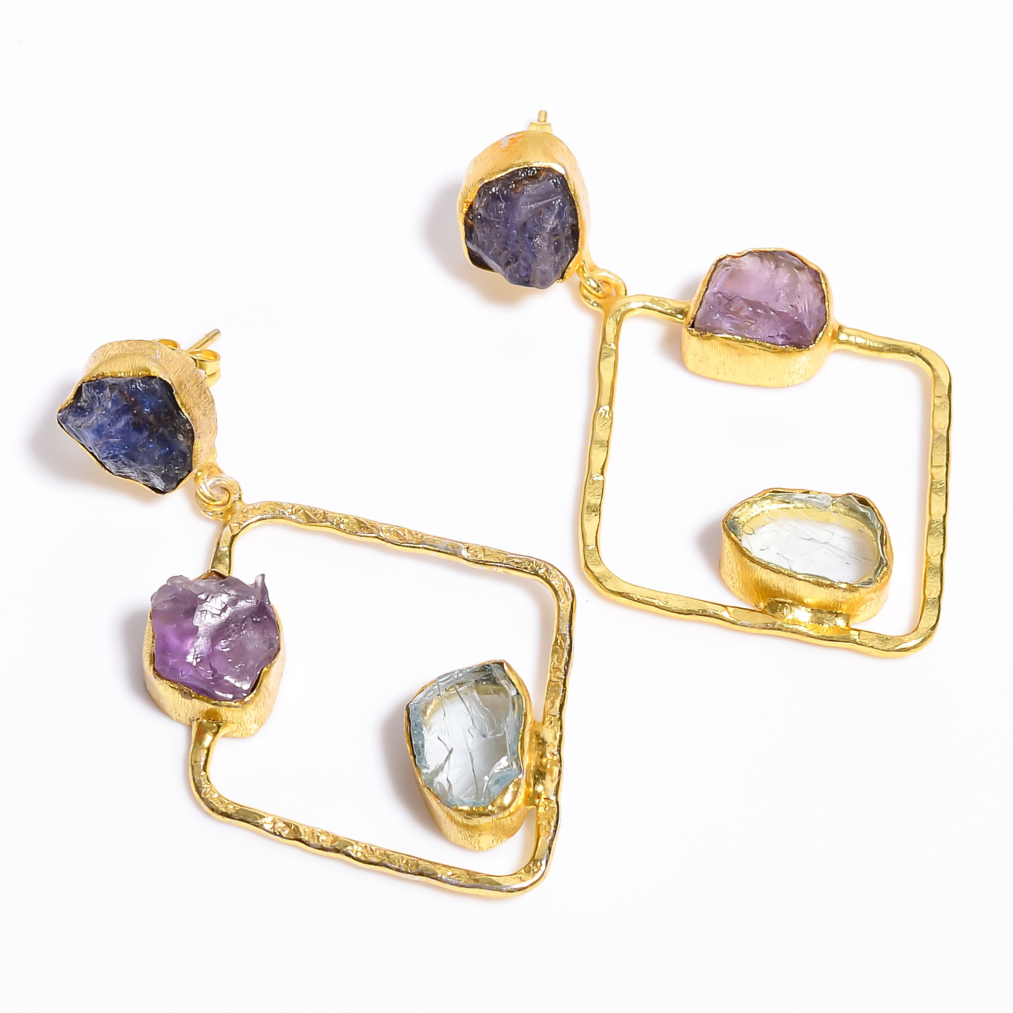 18K Gold Plated Earrings Natural Rough Tanzanite Amethyst Gemstone Earrings