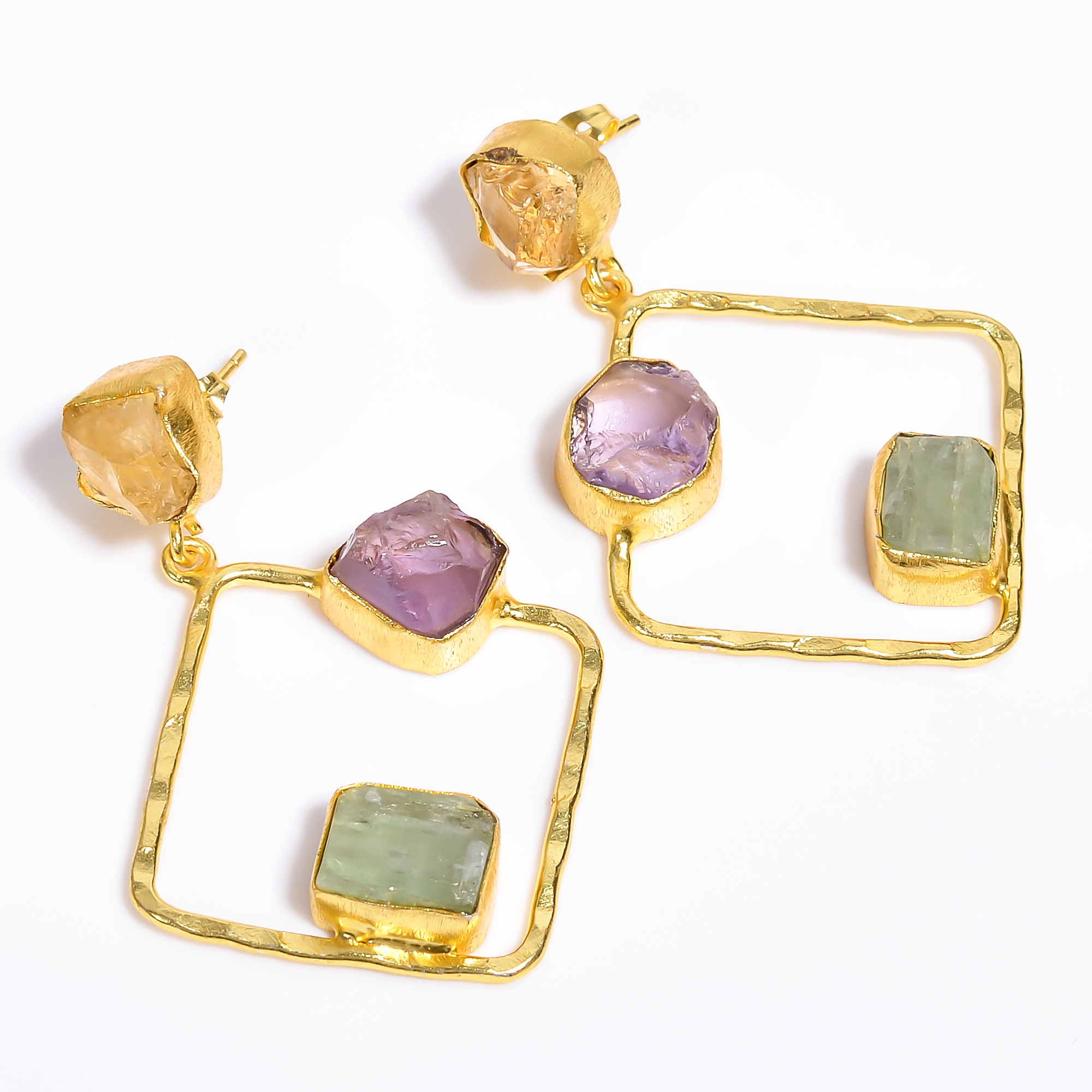 18K Gold Plated Earrings Natural Rough Citrine Amethyst Gemstone Earrings