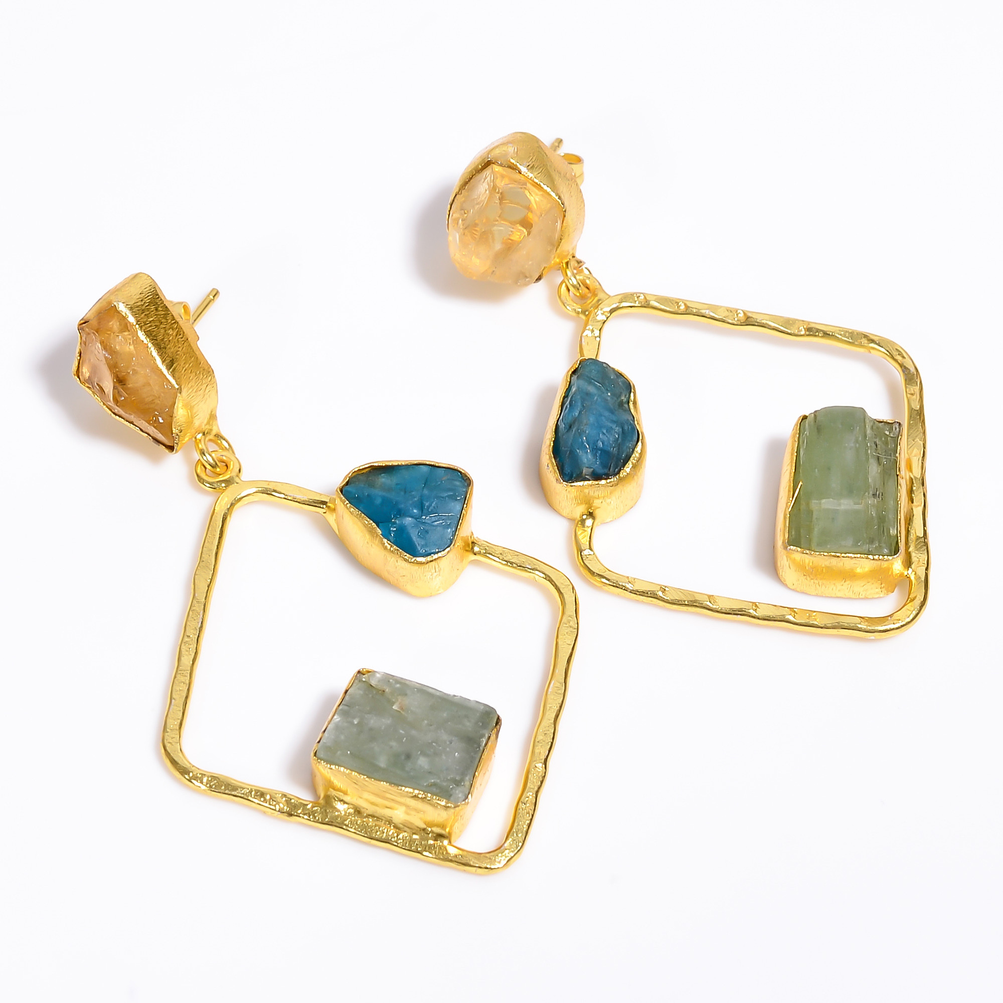 18K Gold Plated Earrings Natural Rough Citrine Neon Apatite Gemstone Earrings
