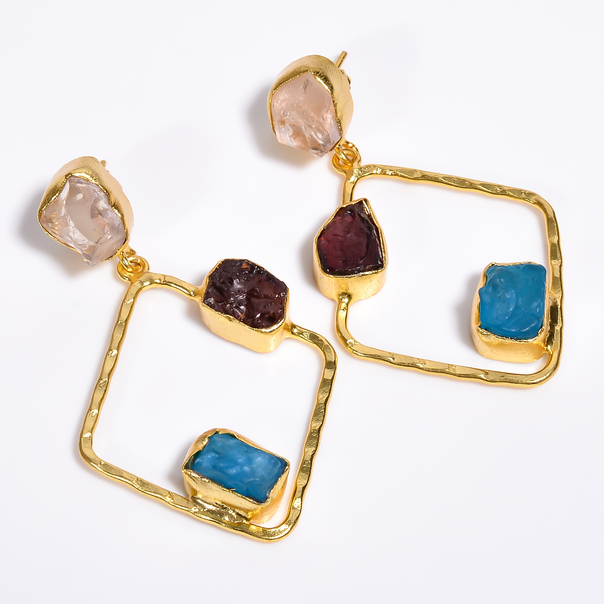 18K Gold Plated Earrings Natural Rough Rose Quartz Garnet Gemstone Earrings