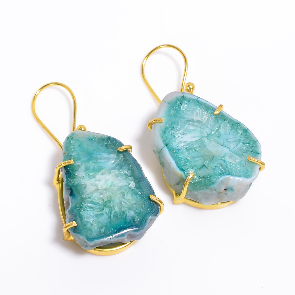 Image of 18K Gold Plated Earrings Natural Rough Druzy Gemstone Earrings