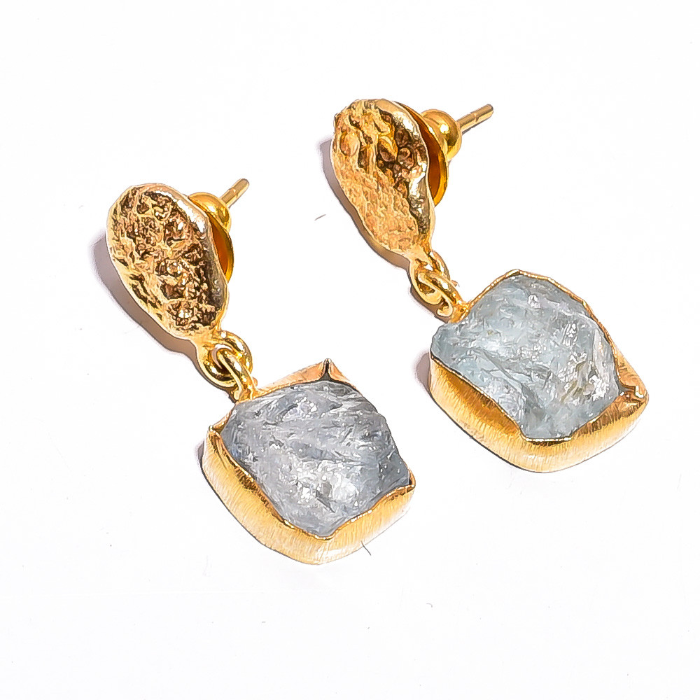 18K Gold Plated Brass Earrings Natural Rough Aquamarine Gemstone Earrings