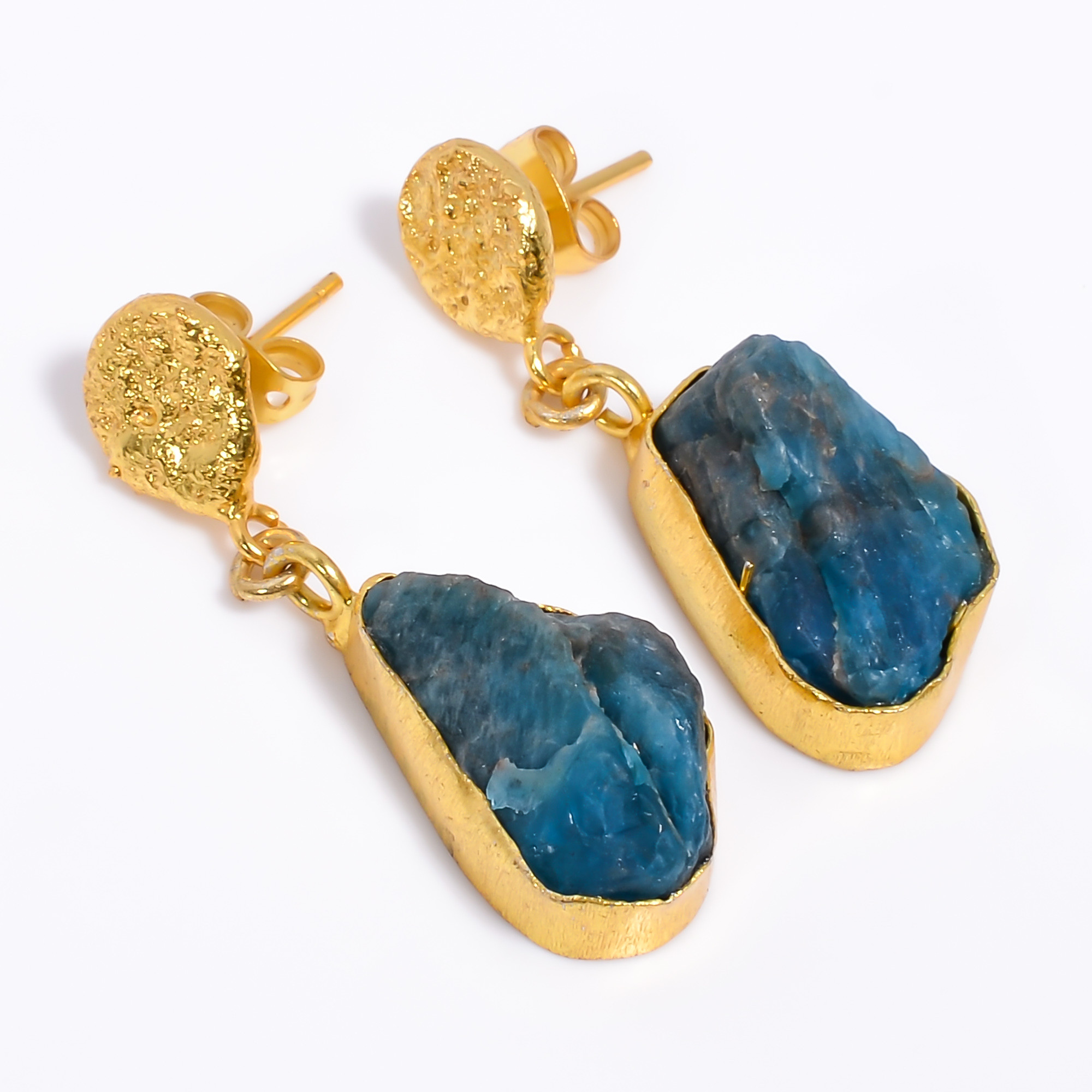 18K Gold Plated Earrings Natural Rough Neon Apatite Gemstone Earrings