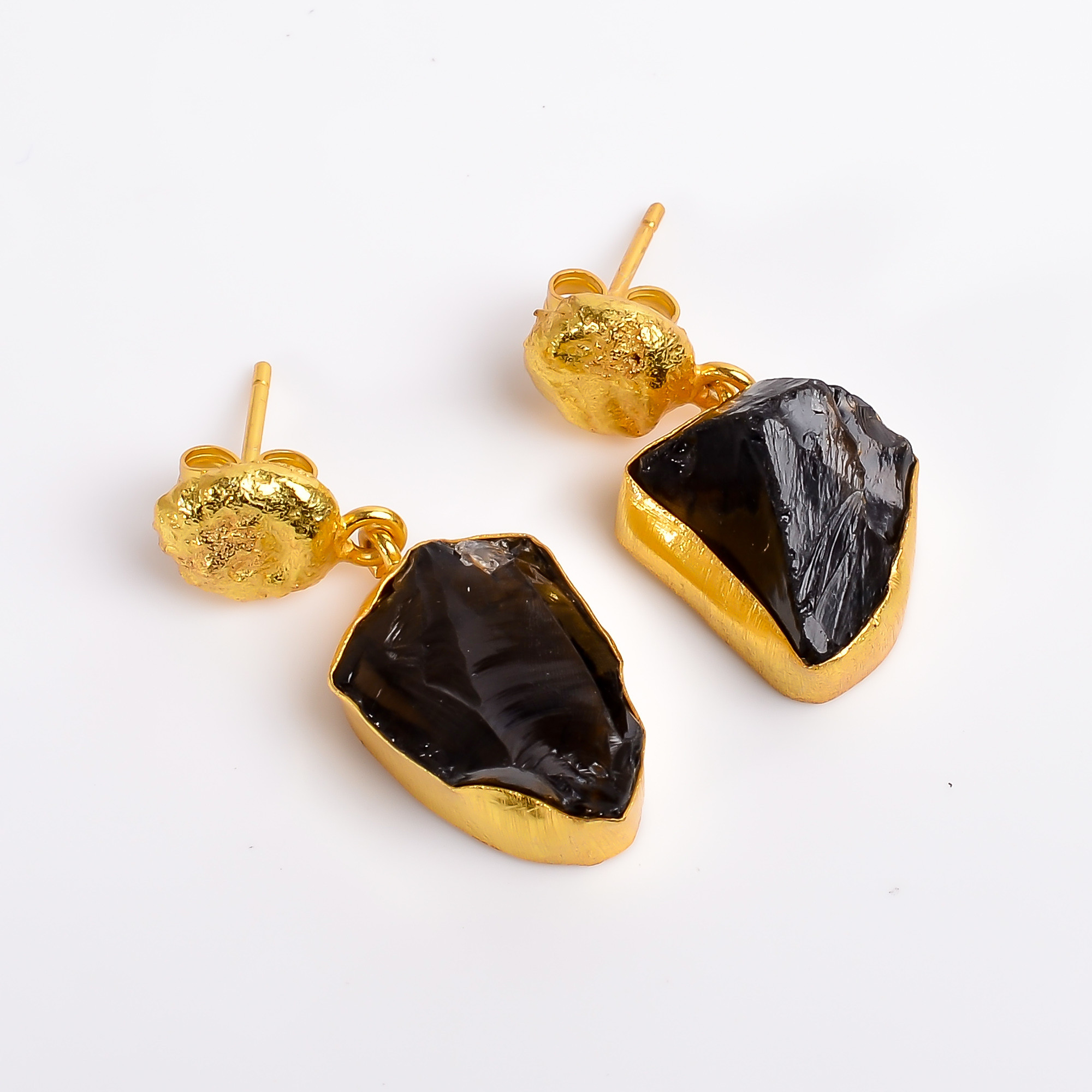 18K Gold Plated Earrings Natural Rough Smoky Gemstone Earrings