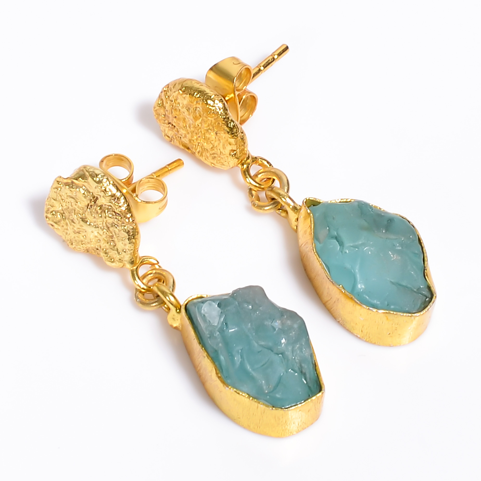 18K Gold Plated Earrings Natural Rough Sky Apatite Gemstone Earrings