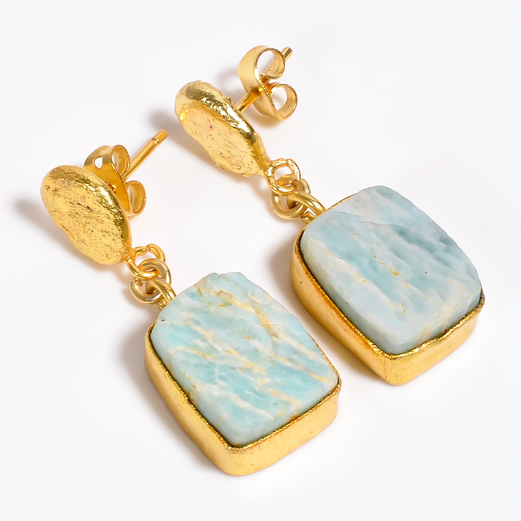 18K Gold Plated Earrings Natural Rough Amazonite Gemstone Earrings