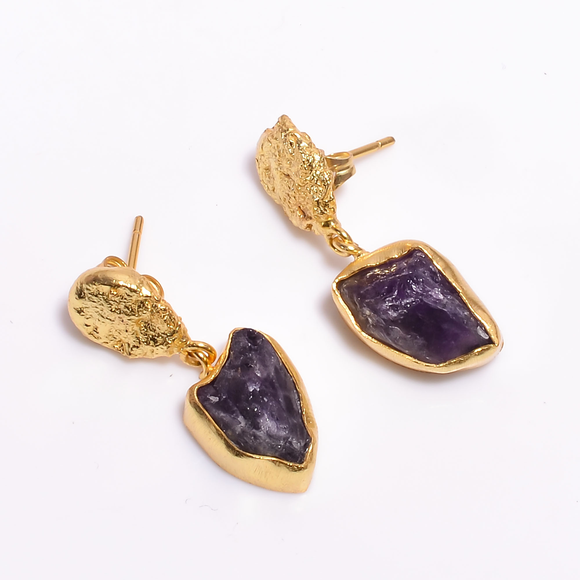 18K Gold Plated Earrings Natural Rough Amethyst Gemstone Earrings