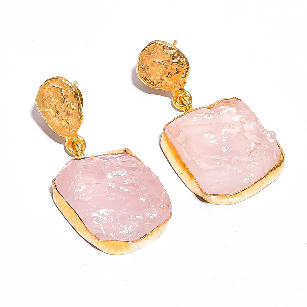 18K Gold Plated Earrings Natural Rough Rose Quartz Gemstone Earrings