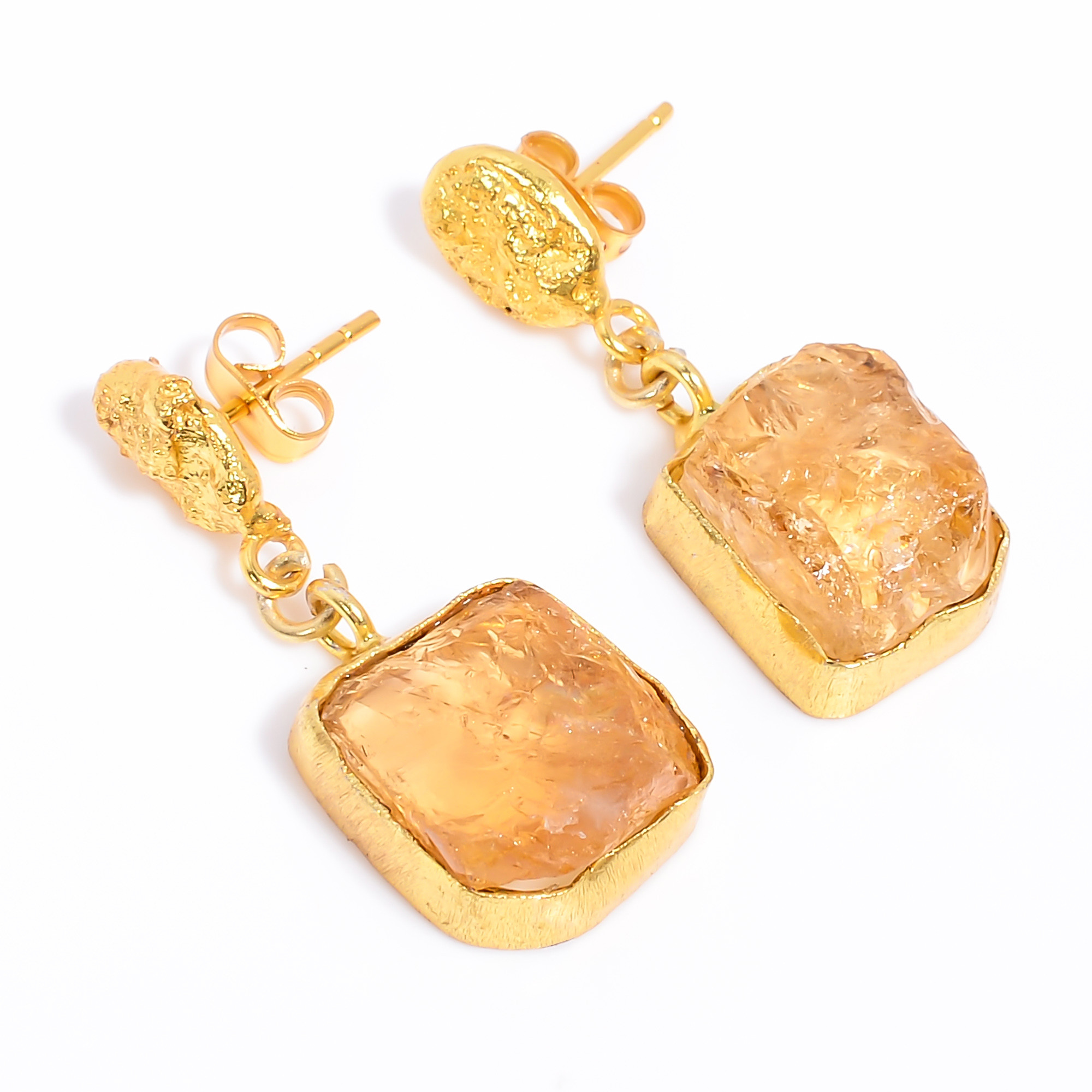 18K Gold Plated Earrings Natural Rough Citrine Gemstone Earrings