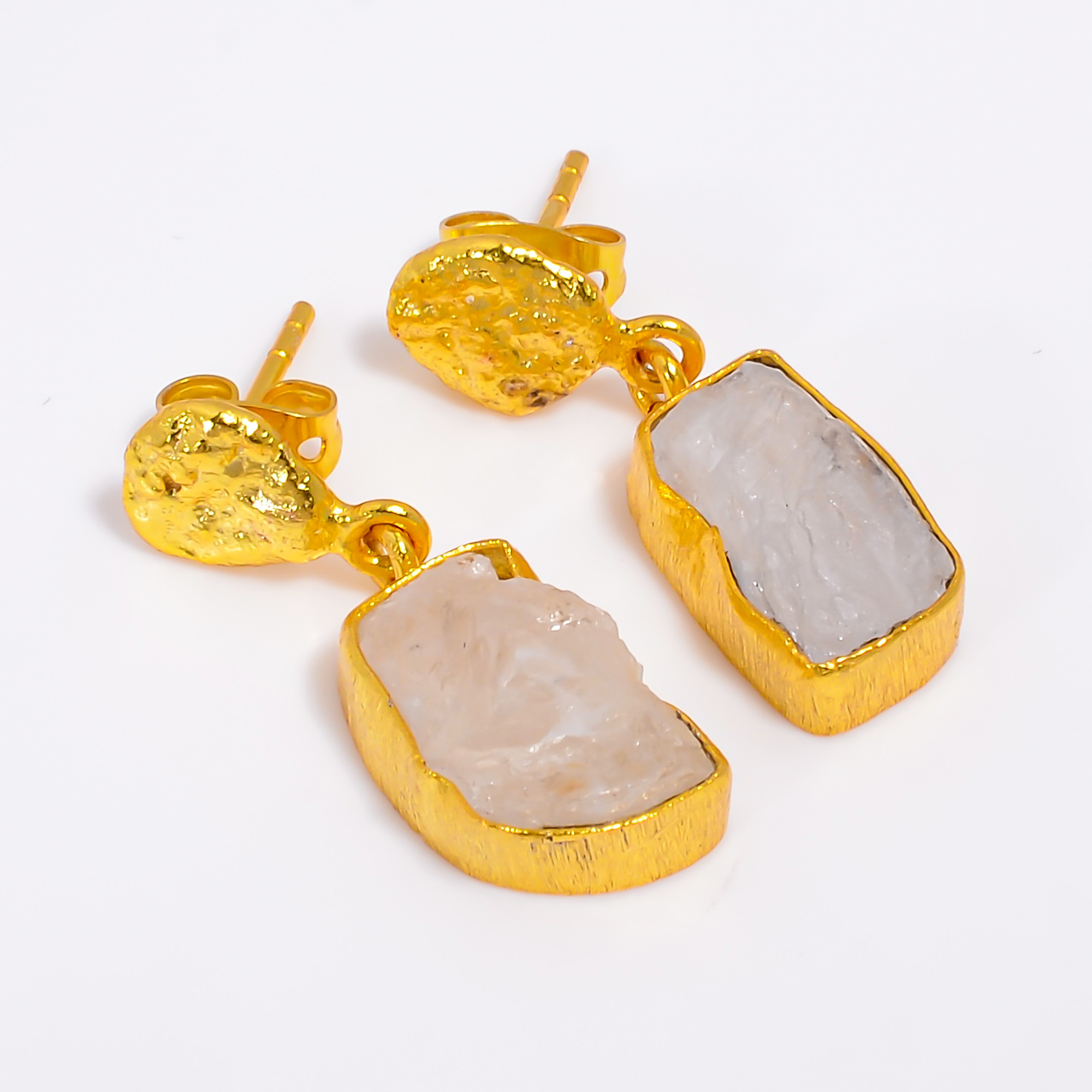 18K Gold Plated Earrings Natural Rough Rainbow Moonstone Earrings