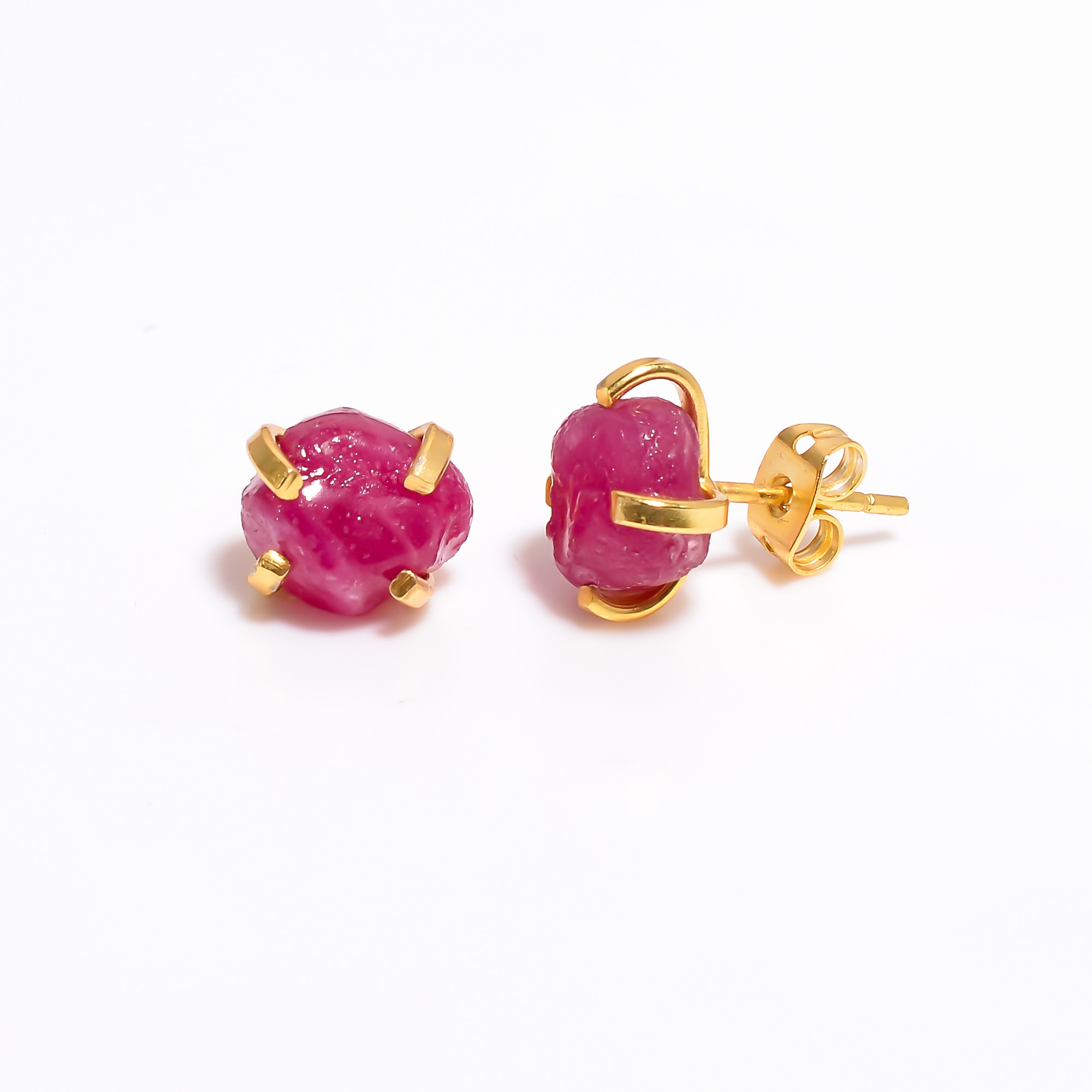 18K Gold Plated Earrings Natural Rough Ruby Gemstone Stud Earrings