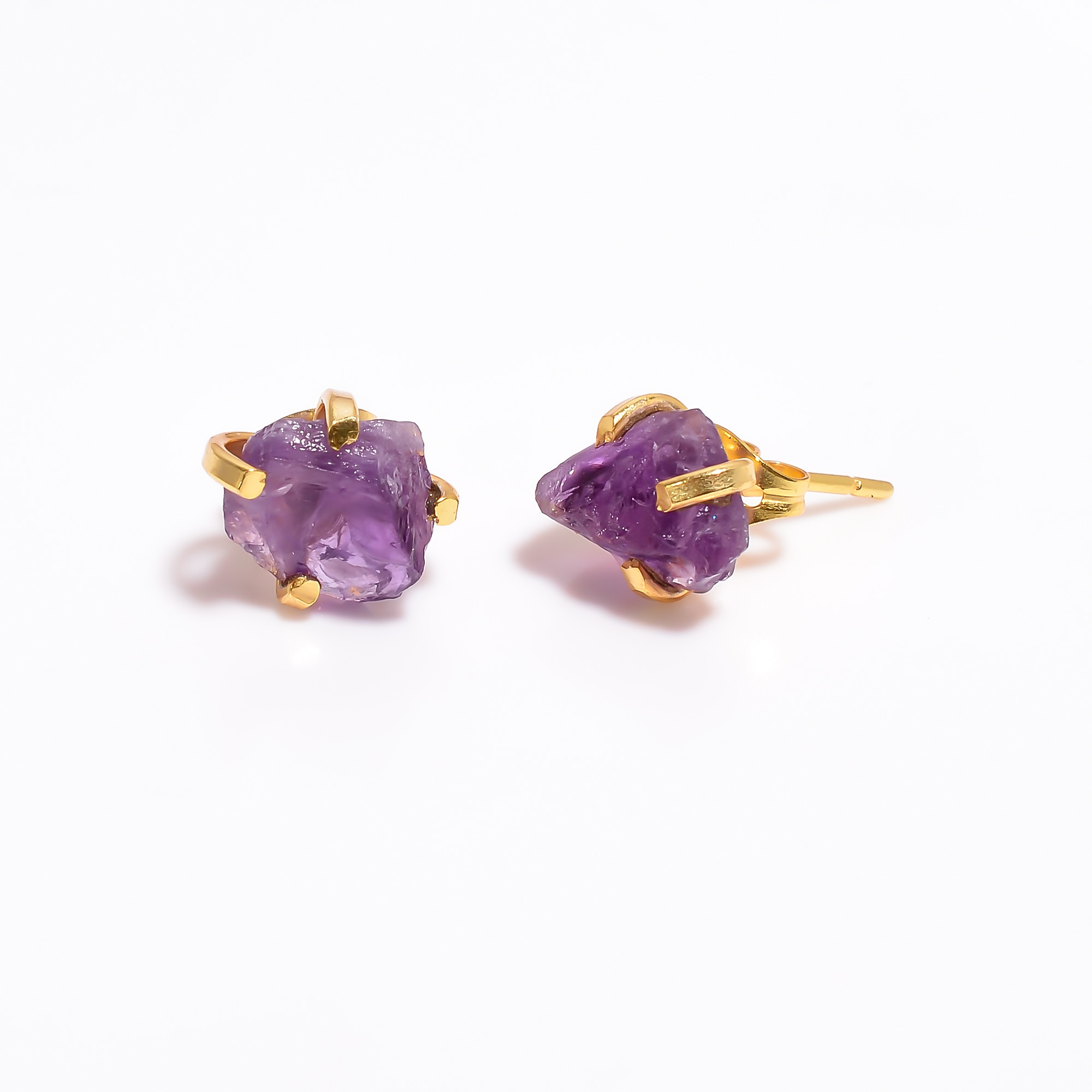 18K Gold Plated Earrings Natural Rough Amethyst Gemstone Stud Earrings
