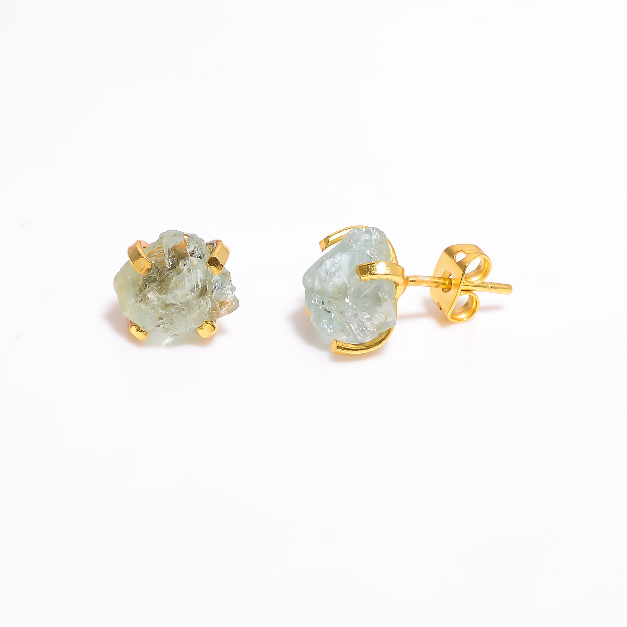 18K Gold Plated Earrings Natural Rough Aquamarine Gemstone Stud Earrings